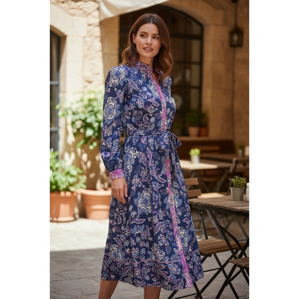 SHEIN Maxi Dress Paisley Print Purple Trim Long Sleeve Collared Belted Large